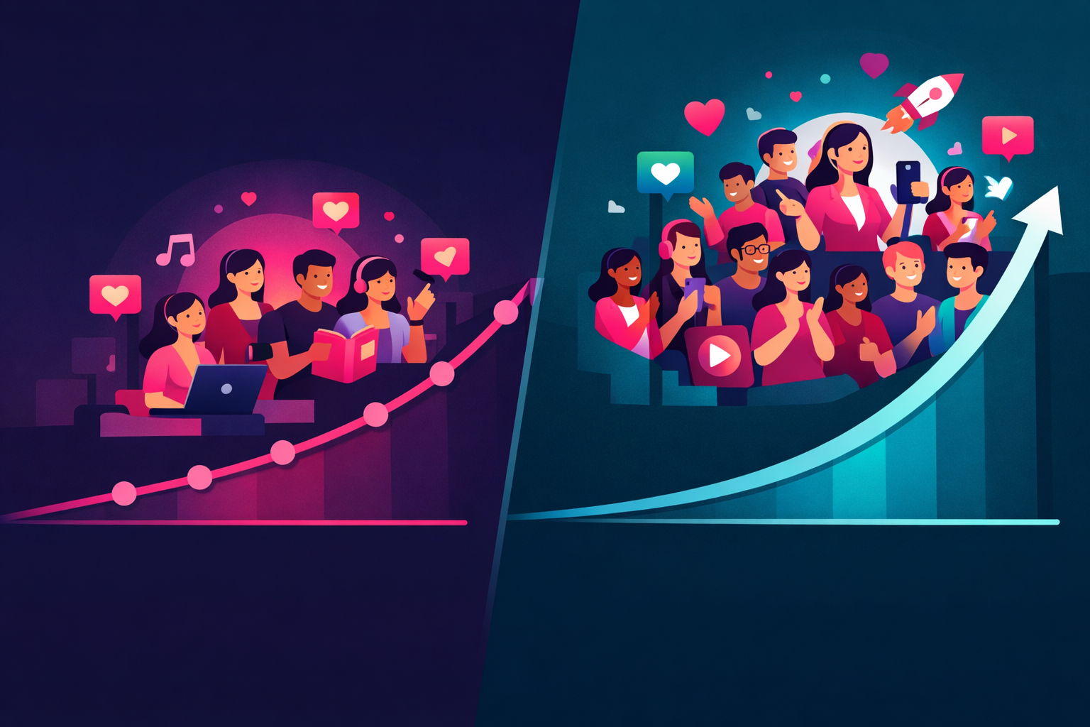 Split-screen comparison showing organic growth versus paid promotion growth curves for education creators, with the paid side showing accelerated audience growth