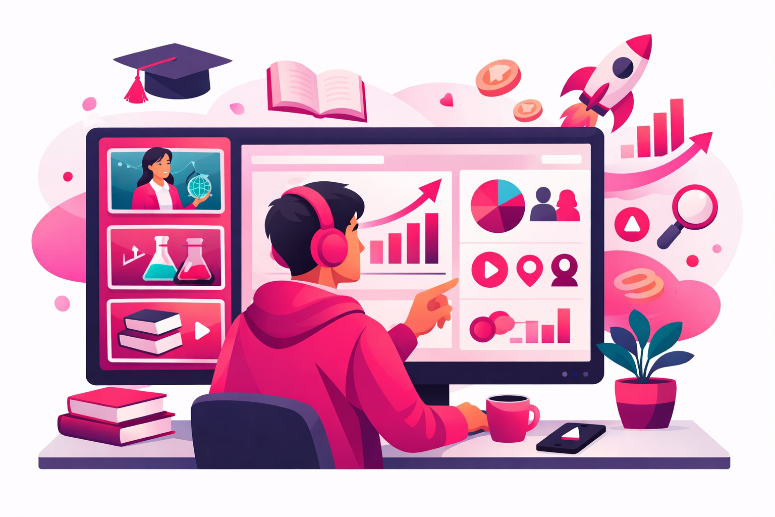 An education creator reviewing a TikTok ads dashboard showing educational video thumbnails, audience targeting charts, and growth metrics with books and graduation cap icons