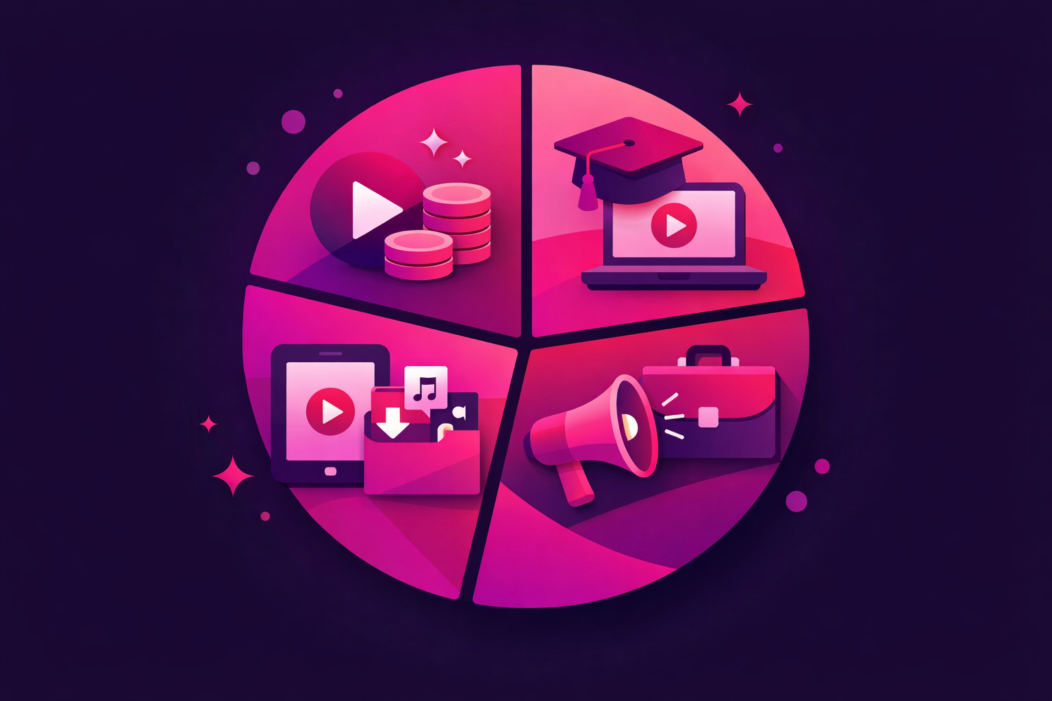 A pie chart showing four income streams for education creators: Creator Fund, course sales, brand sponsorships, and digital products with icons for each category