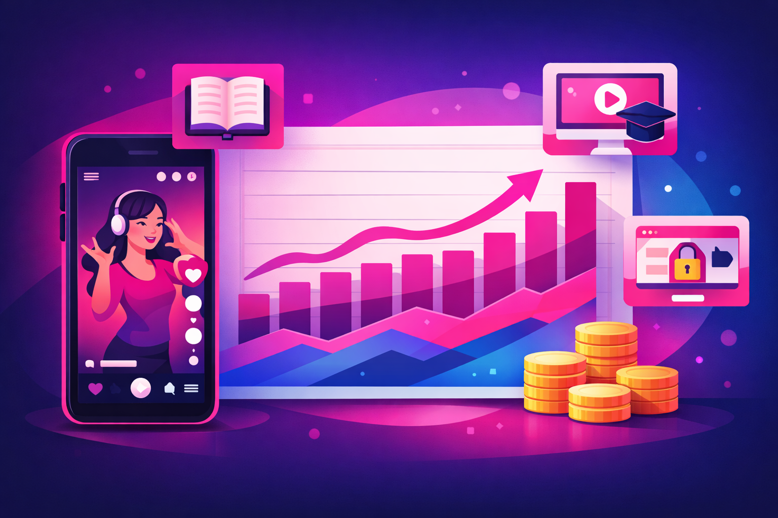 A monetization dashboard for education creators showing growing revenue graphs alongside icons for ebooks, online courses, and membership sites