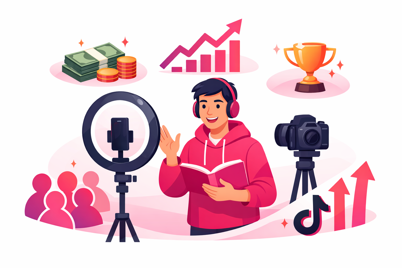 An education creator recording a sponsored video with a ring light and camera, surrounded by icons representing money, audience growth, and achievement