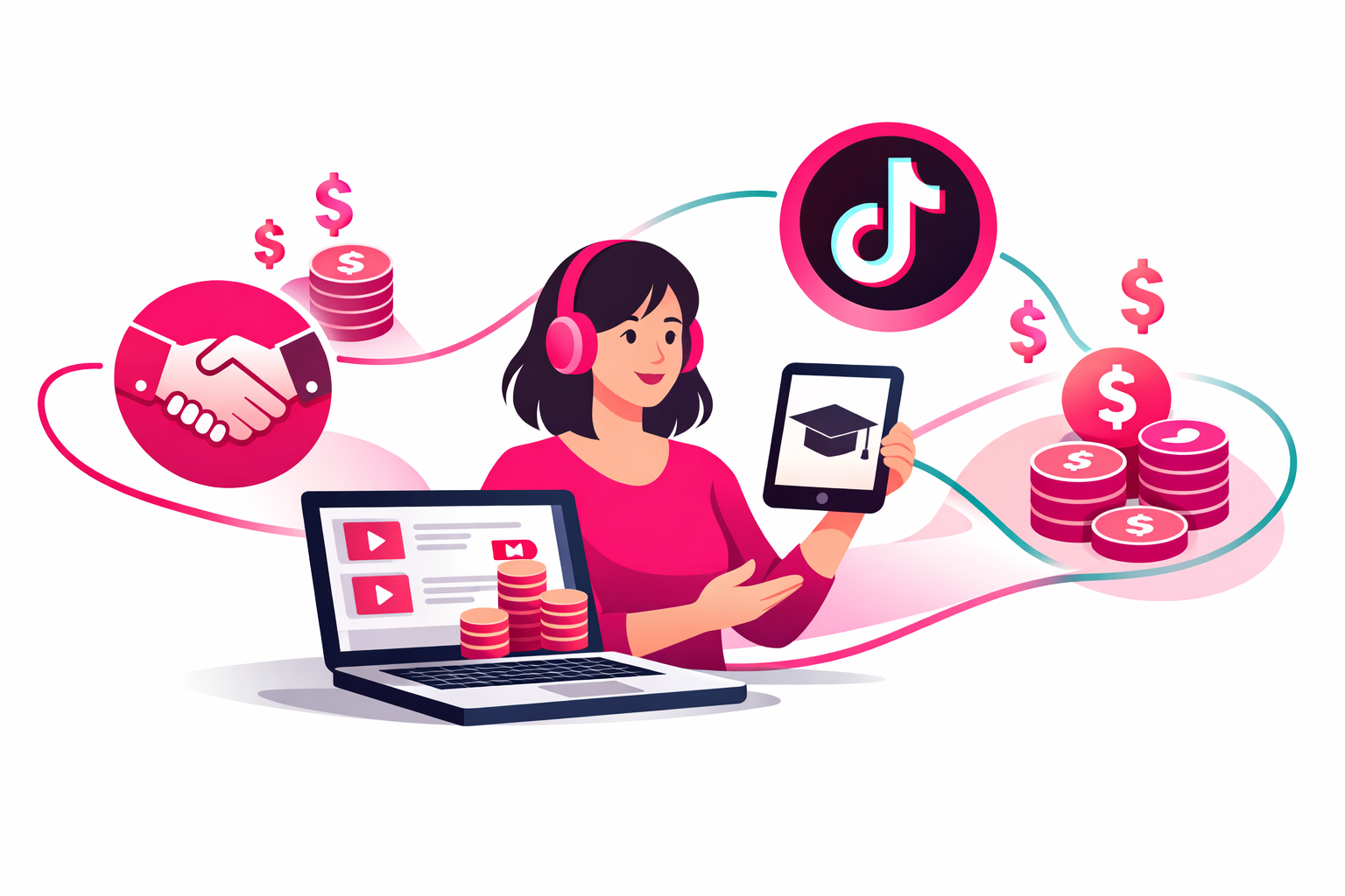 An education creator earning money from TikTok with icons for course sales, brand deals, and creator fund payouts connected by flowing lines in magenta and teal