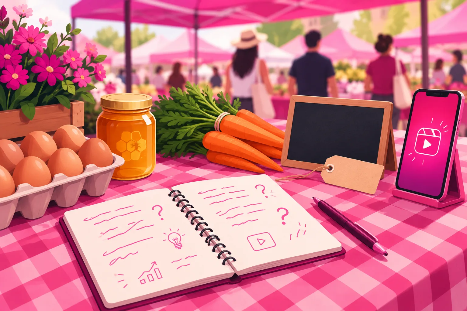 An illustration of a farmers market table with a checkered cloth seen from slightly above, an open spiral notebook filled with scribbled lines and doodled question marks, a pen, a carton of brown eggs, a jar of honey, a bunch of carrots, a blank chalkboard, a smartphone propped in a holder, and a market tent canopy with a few shoppers' backs in the background