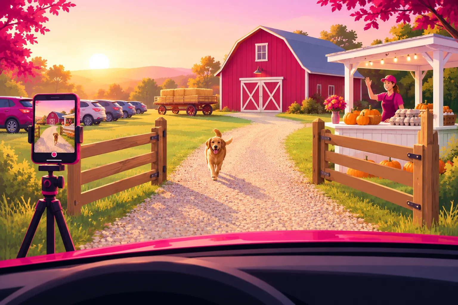 An illustration of a gravel driveway seen from a car's point of view at the road, leading past a wooden gate toward a red barn with a white farm stand beside it, a hay wagon, a row of cars parked on the grass, a friendly dog trotting toward the viewer, a woman farmer waving from the stand stocked with pumpkins and egg cartons, and a smartphone on a tripod at the roadside framing the whole path in golden morning light