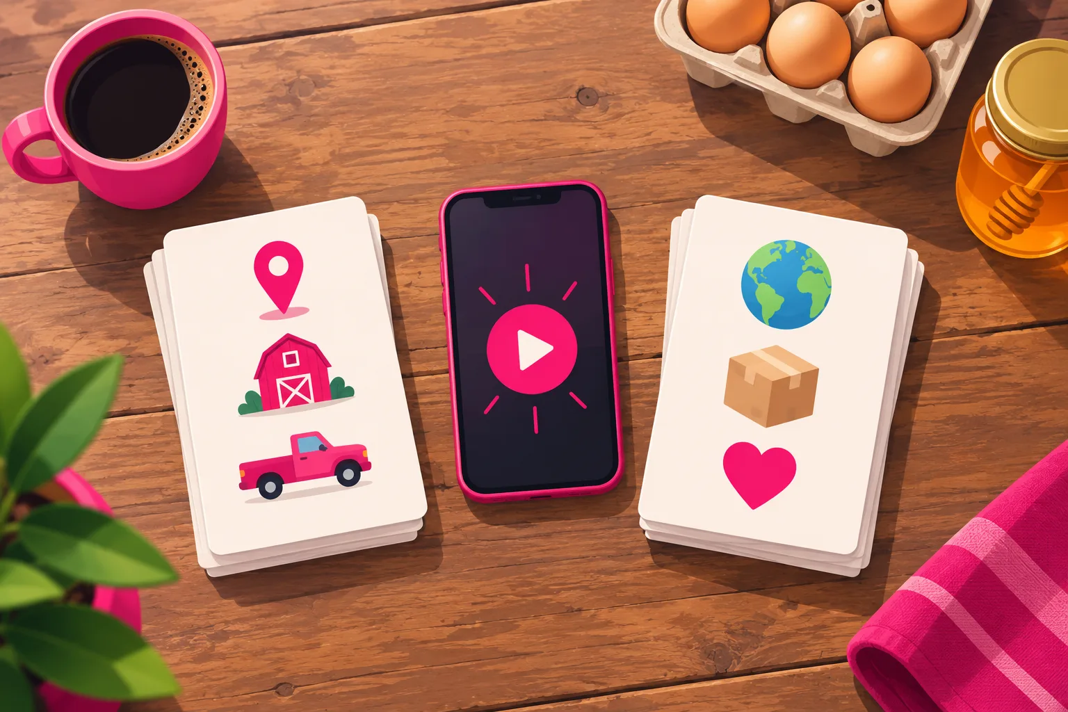 An illustration of a weathered wooden farmhouse table seen from above with two piles of blank index cards and a smartphone showing a play button between them - the left pile marked with small icons of a map pin, a red barn and a pickup truck, the right pile marked with small icons of a globe, a cardboard shipping box and a heart - with a mug of coffee, a carton of eggs and a jar of honey beside them