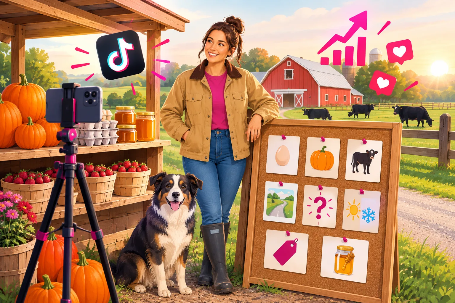 An illustration of a smiling young woman farmer in a canvas work jacket and muck boots standing beside a wooden roadside farm stand stocked with pumpkins, egg cartons, honey jars and baskets of strawberries, a red barn and black beef cows in the pasture behind her, a farm dog at her feet, a smartphone on a small tripod framing the stand, and a rustic corkboard covered in pinned index cards each showing a tiny icon for a different video idea - an egg, a pumpkin, a calf, a gravel road, a question mark, a sun and a snowflake, a price tag, a honey jar