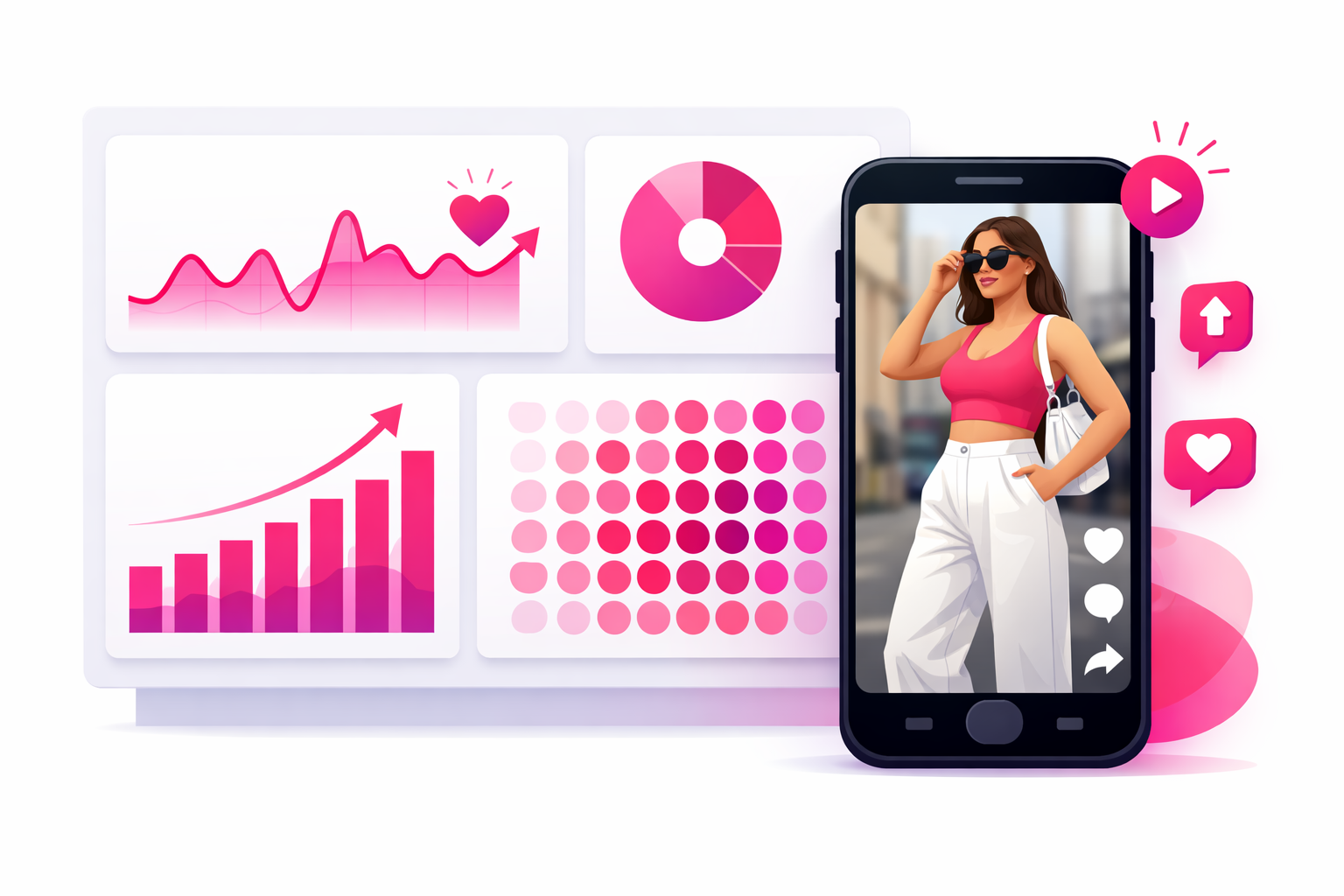TikTok analytics dashboard showing engagement rate, follower growth, and best posting times for a fashion creator