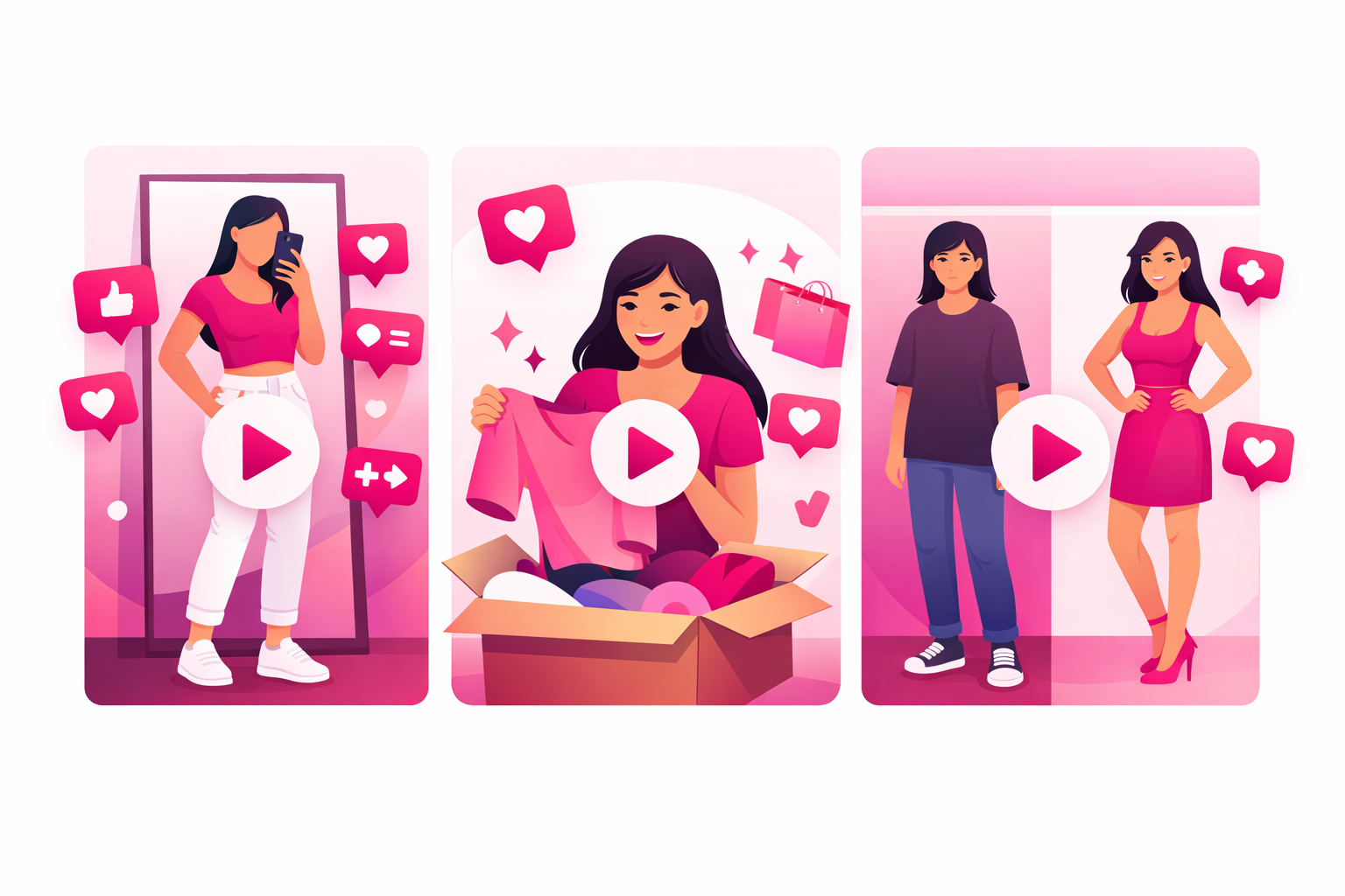 Split screen showing different fashion video formats including outfit of the day, clothing haul, and style transformation content