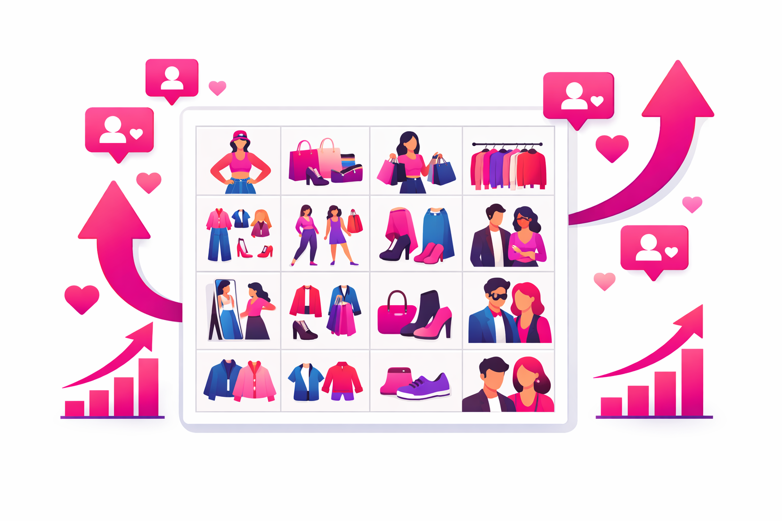 A fashion creator content calendar with colorful outfit thumbnails organized by category with growth charts and follower count icons