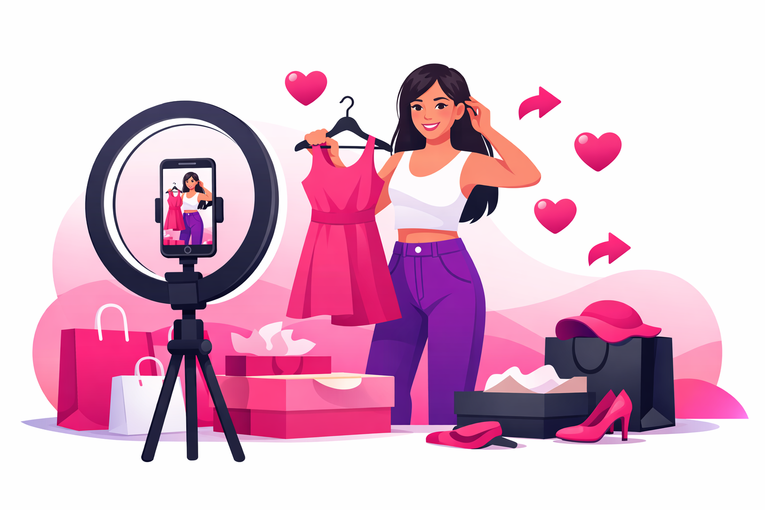 A TikTok creator filming a try-on haul with clothing items spread around and a phone on tripod with ring light