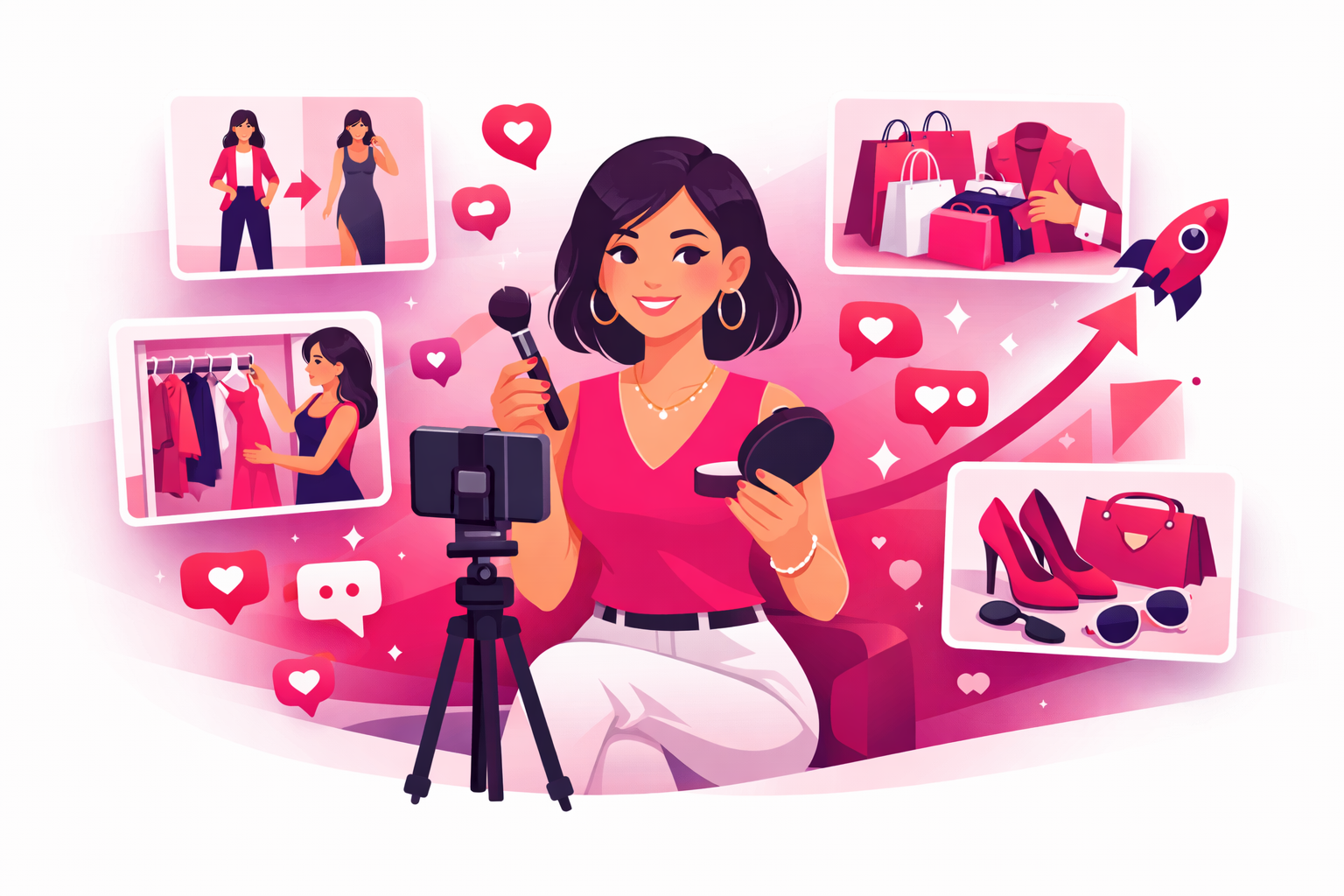 A fashion creator surrounded by floating content idea cards showing outfit transitions, haul videos, and styling tips with TikTok engagement icons