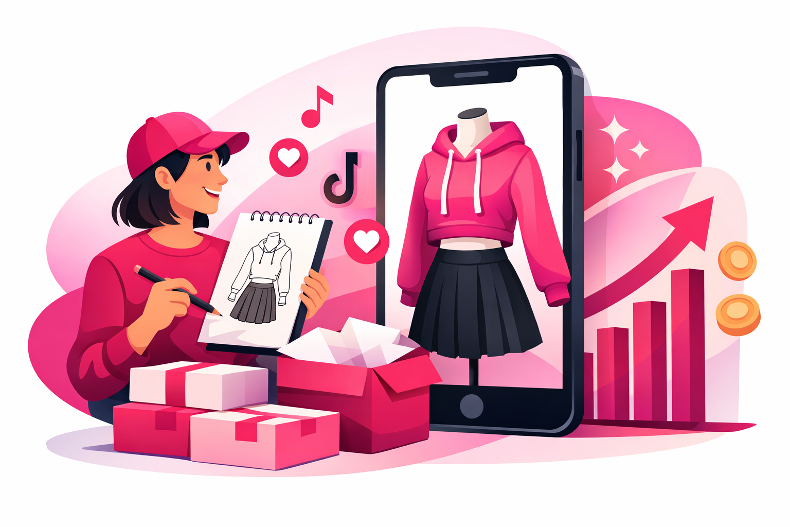 Fashion creator launching their own clothing line from TikTok with design sketches and packaging