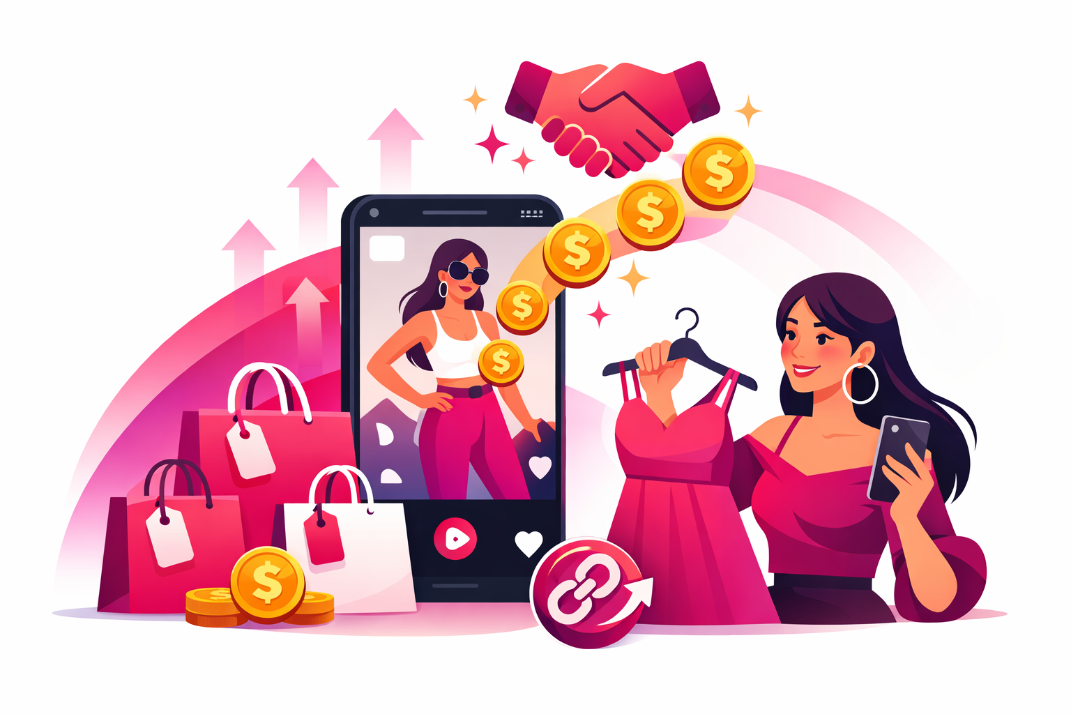 Fashion creator monetizing on TikTok with brand deals, shopping bags, and affiliate link symbols