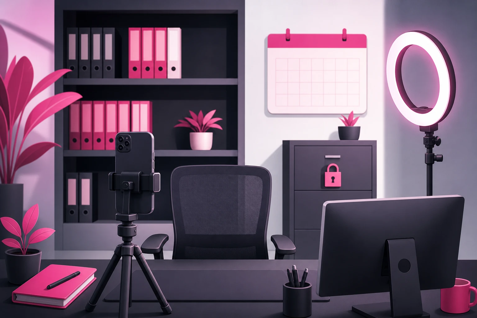 An illustration of an accounting office filming corner with a smartphone on a tripod facing an empty chair, a bookshelf of binders, a locked filing cabinet, a blank wall calendar, a ring light on a stand, and a computer monitor turned away from the camera
