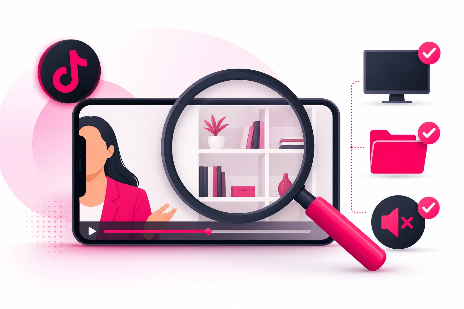 An illustration of a phone screen paused mid-video showing a presenter and a bookshelf, with a magnifying glass sweeping the frame and pink checkmarks beside icons of a turned-off monitor, a closed folder, and a muted speaker