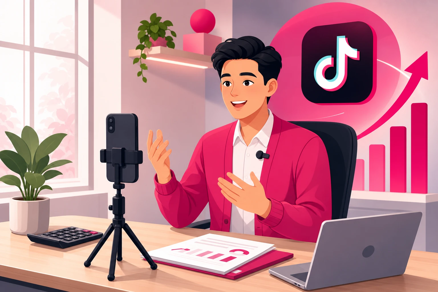 An illustration of a friendly accountant in a pink cardigan with a clip-on microphone speaking to a smartphone on a small tripod at a tidy desk, with a calculator, a laptop, a potted plant, and a bright window beside him