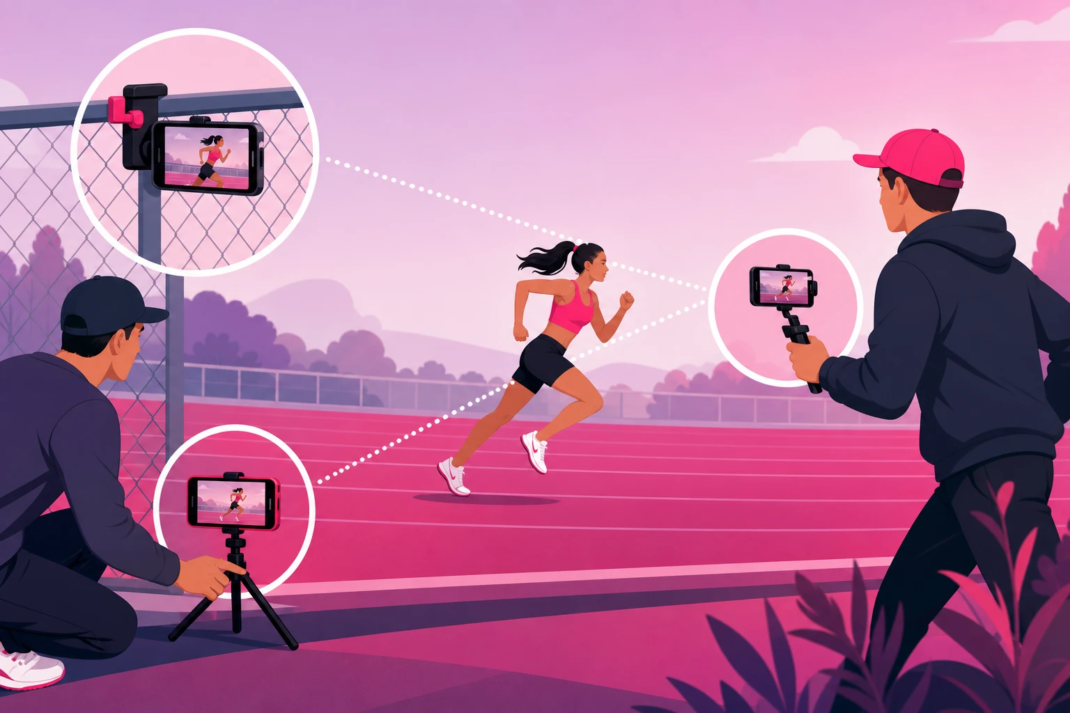 An illustration of a sprinter on a pink running track being filmed from three smartphone setups at once - a phone on a mini tripod at ground level, a phone clamped to a chain-link fence at chest height, and a phone on a handheld grip panning alongside - with dotted lines showing each camera's field of view