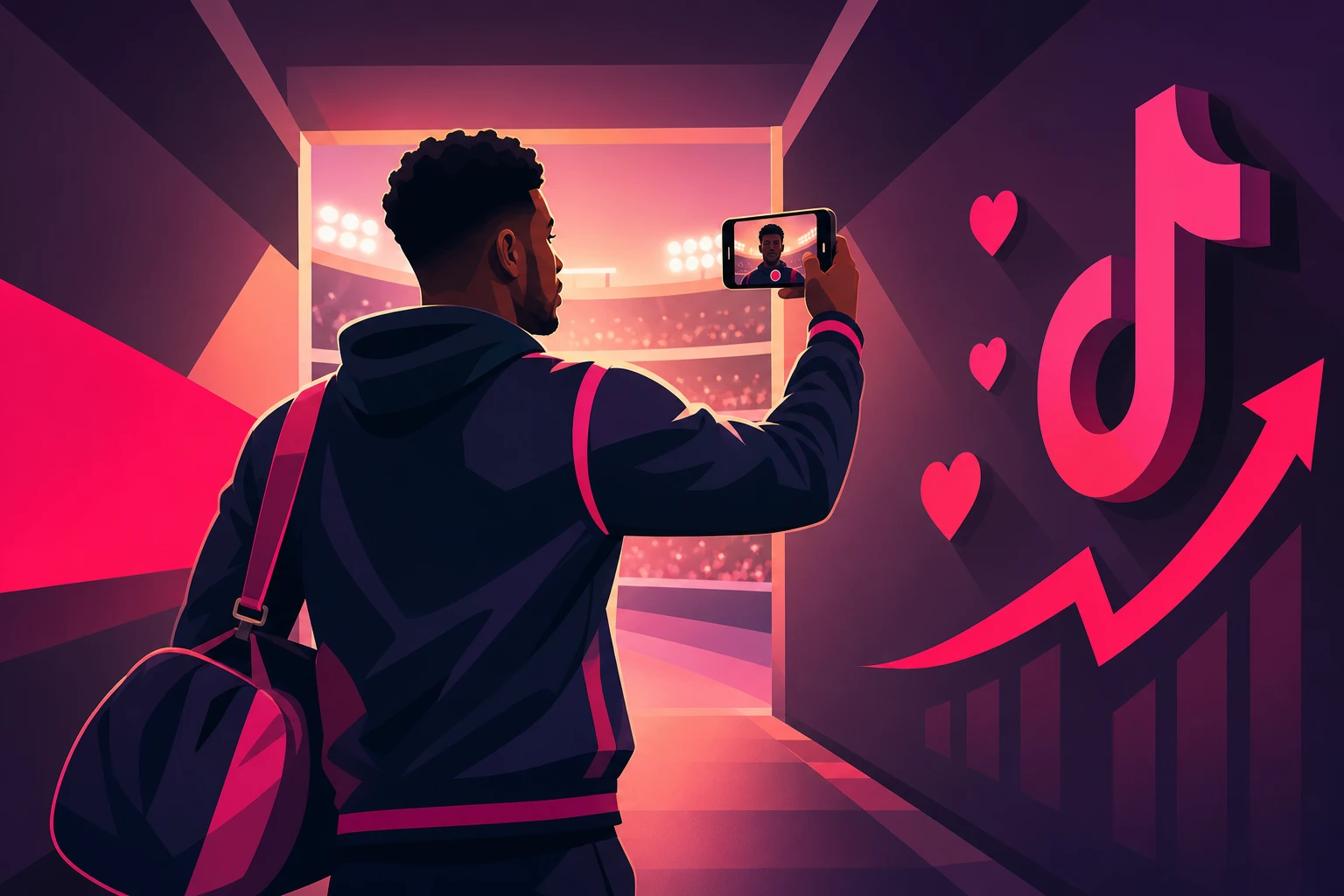 An illustration of an athlete in a team jacket with a gear bag walking through a stadium tunnel toward glowing lights, filming themselves at arm's length on a smartphone, with heart icons, a TikTok-style music note, and a rising arrow on the tunnel wall