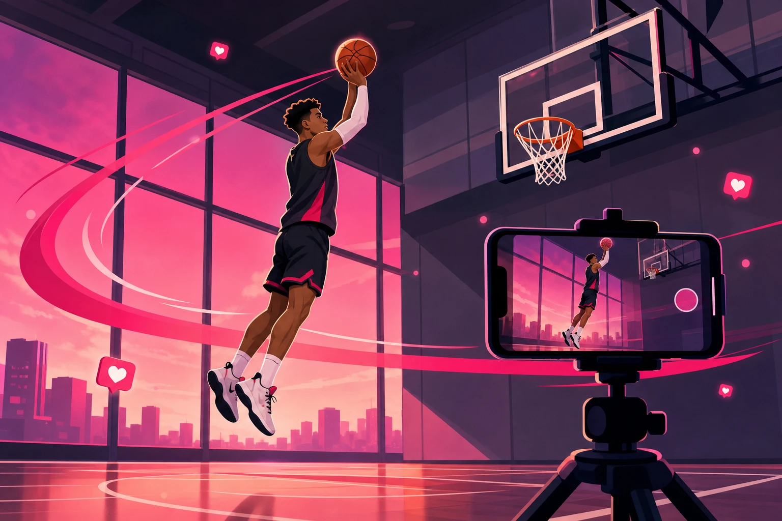 An illustration of a basketball player rising for a dunk in a gym while a smartphone mounted on a small tripod at court level records the jump, with the same moment visible on the phone screen against a pink and purple sunset through the gym windows