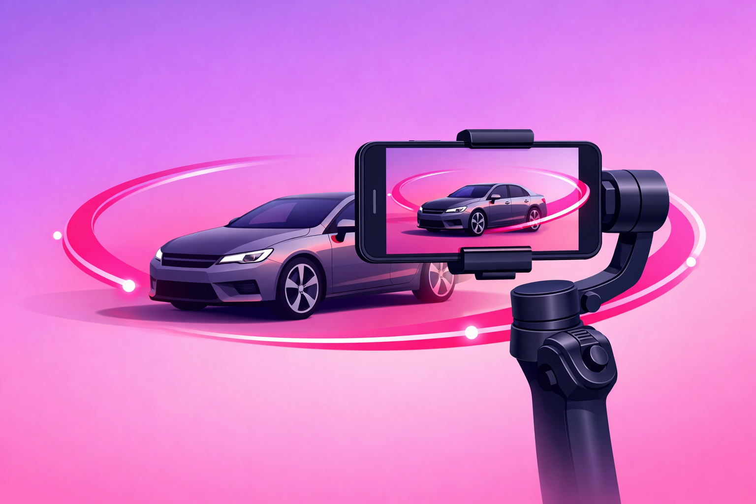 A gimbal performing a smooth orbit reveal around a parked car, motion arc lines tracing the camera path, a phone mounted on the gimbal showing the car on screen, on a soft pink and purple gradient background