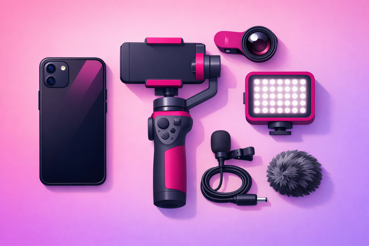 A flat-lay of car video filming gear: smartphone, gimbal stabilizer, clip-on lens, small LED light panel, lavalier microphone, and a wind muff arranged on a soft pink and purple gradient background
