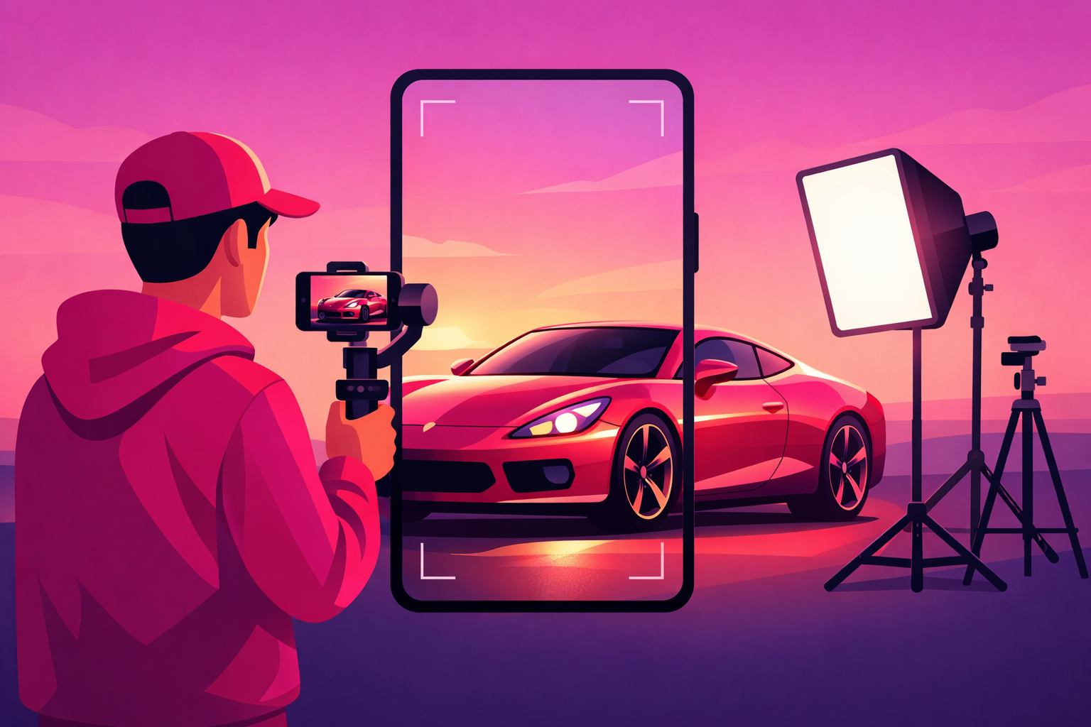 A creator filming a glossy sports car with a smartphone on a gimbal during golden hour, softbox light and tripod nearby, on a soft pink and purple gradient background