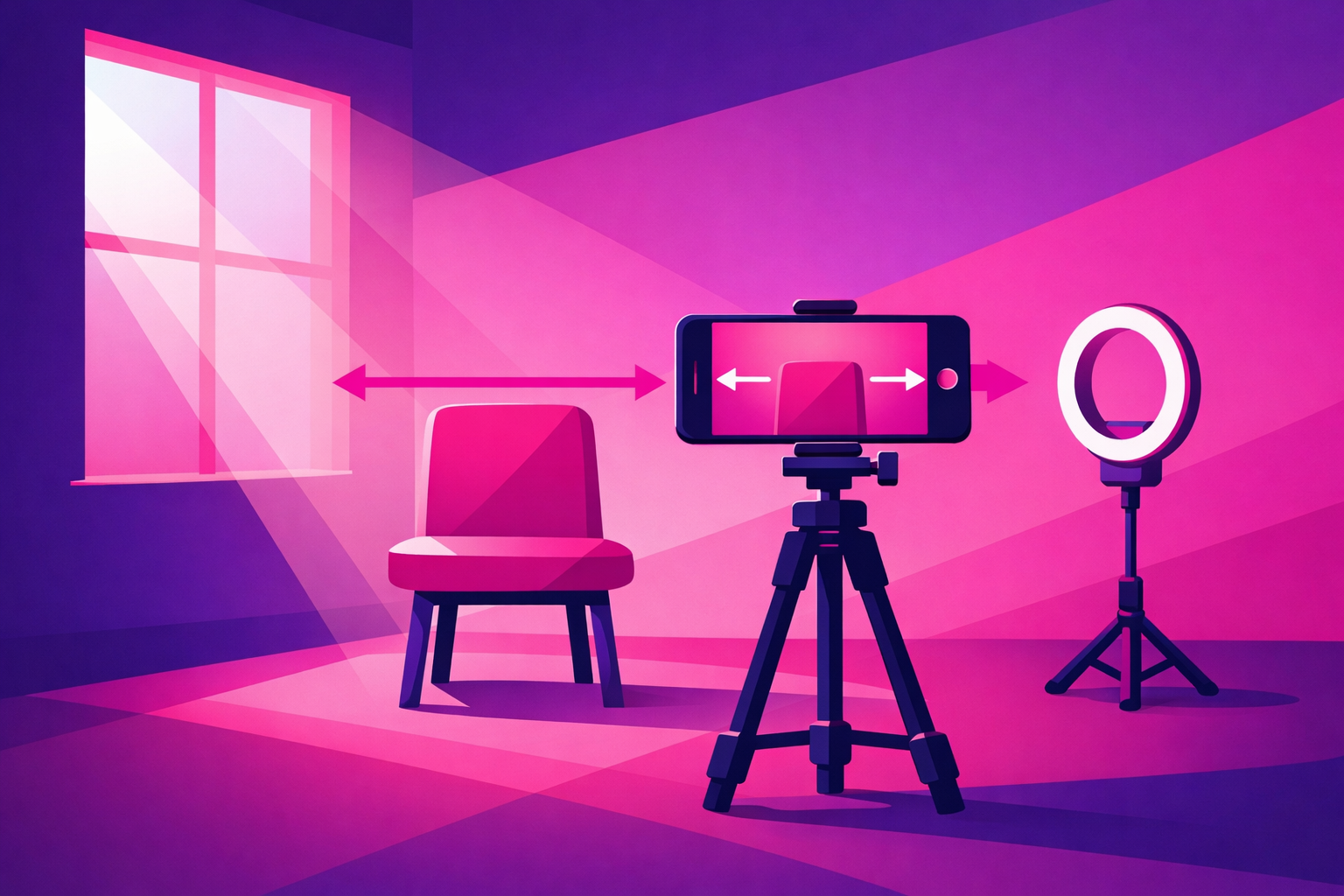 A diagram-style illustration of a one-person filming setup: a smartphone on a tripod at eye level facing a chair, with soft window light entering from a 45 degree angle and a ring light standing nearby, in magenta and deep purple