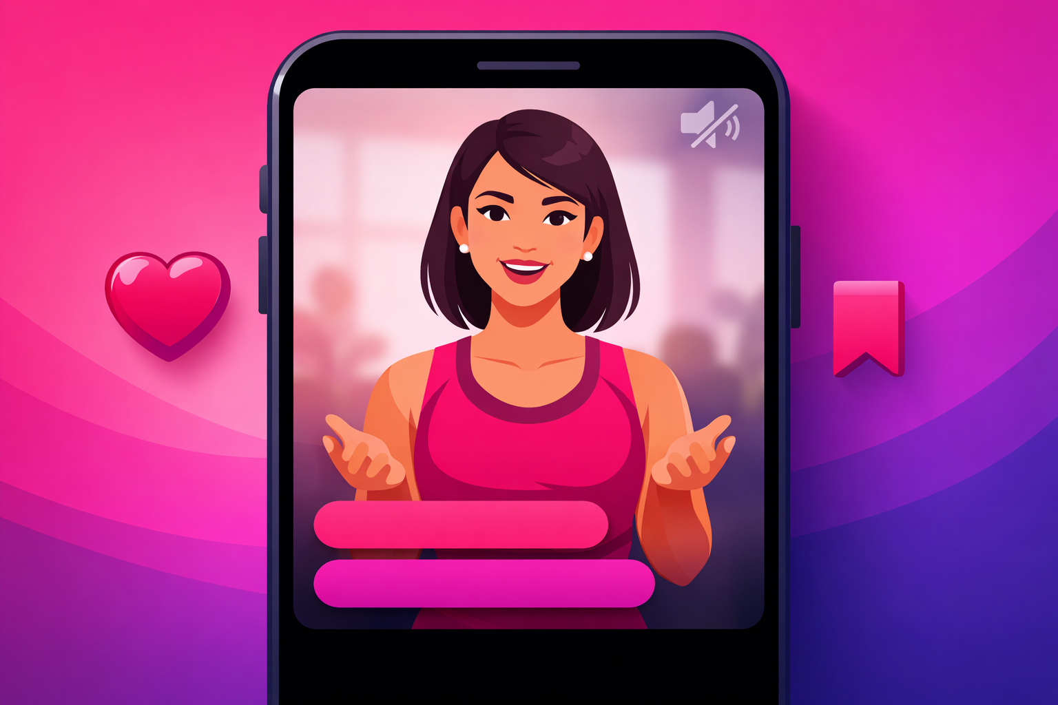 An illustration of a smartphone screen showing a coach speaking to camera with caption bars below her face, a mute icon in the corner, and floating heart and bookmark icons beside the phone on a pink and purple gradient