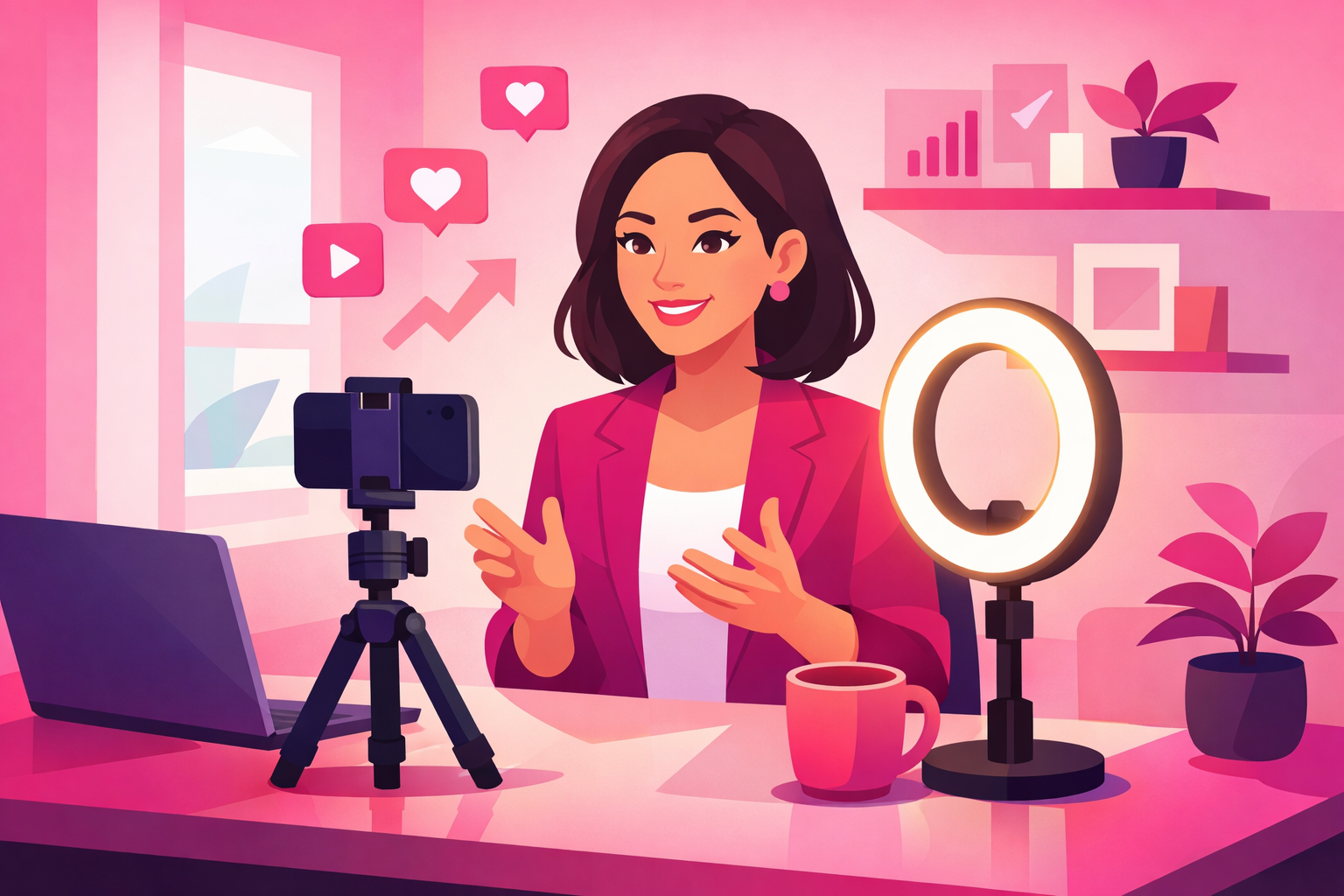 A professional coach recording a short advice video at a bright desk with a smartphone mounted on a tripod and a glowing ring light, surrounded by floating heart and play icons on a pink gradient background