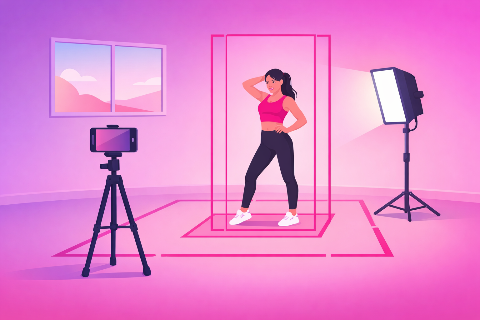 A side-view diagram of an ideal dance filming setup: a smartphone on a tripod at chest height facing an open floor, a dancer's full body fitting inside a tall vertical 9:16 frame outline with thin pink framing guide lines, a window and a soft light panel positioned in front of the dancer, and clear floor space marked around them on a soft pink and purple gradient background