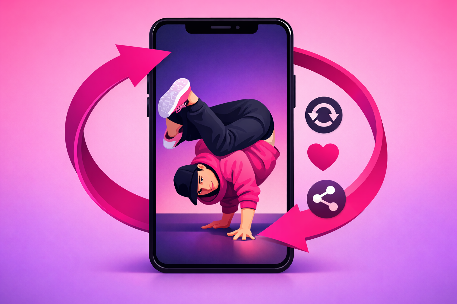 A vertical smartphone screen showing a dancer leading with a powerful breaking freeze pose on the very first frame of a looping clip, a circular seamless-loop arrow wrapping around the phone, even front lighting on the dancer, and rewatch, heart, and share icons beside it on a soft pink and purple gradient background