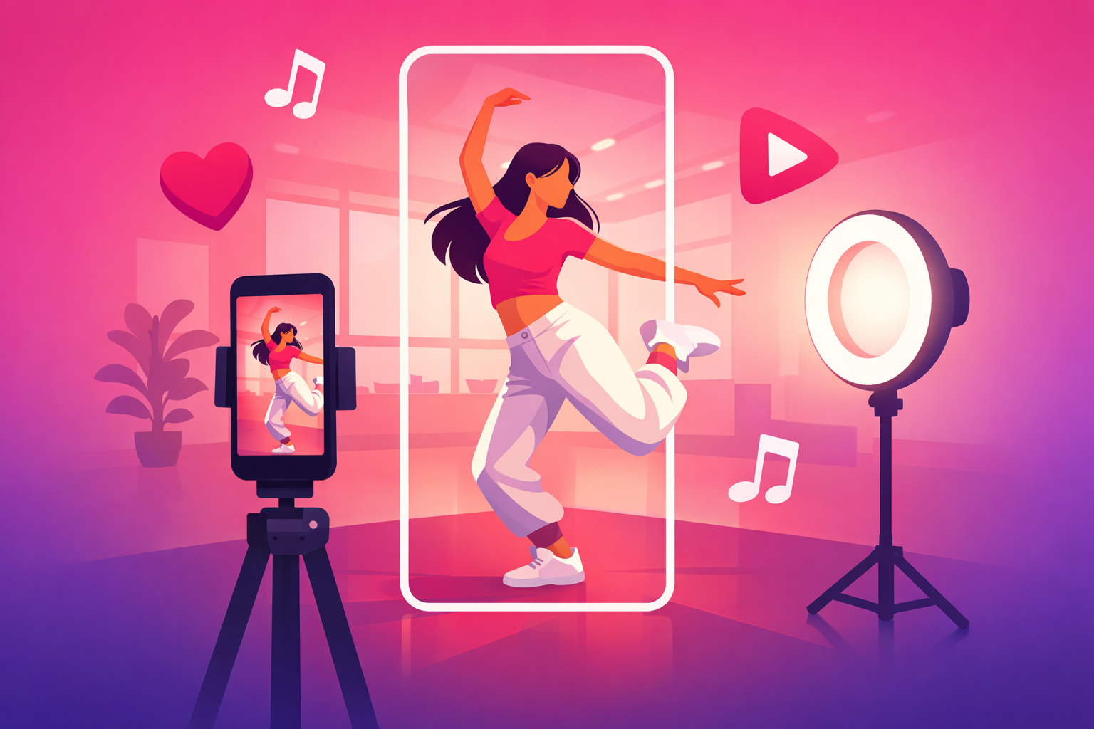 A dancer captured mid-routine in a dynamic pose inside a bright open studio, framed within a tall vertical phone-screen outline, being filmed by a smartphone on a tripod with a soft ring light in front and floating heart, play, and music-note engagement icons on a soft pink and purple gradient background