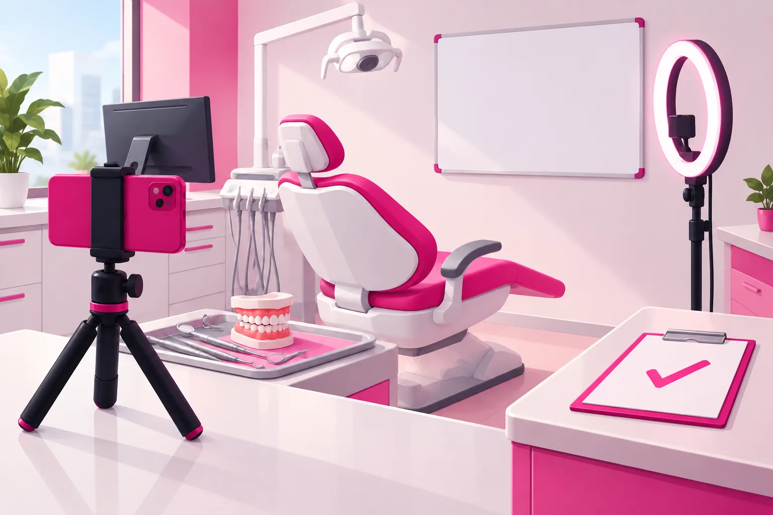 An illustration of a dental operatory arranged as a filming corner: a smartphone on a tabletop tripod aimed at an empty dental chair and a plain wall, a model set of teeth on the instrument tray, a monitor turned away from the camera, a blank whiteboard, a ring light, and a clipboard on the counter with a single pink checkmark