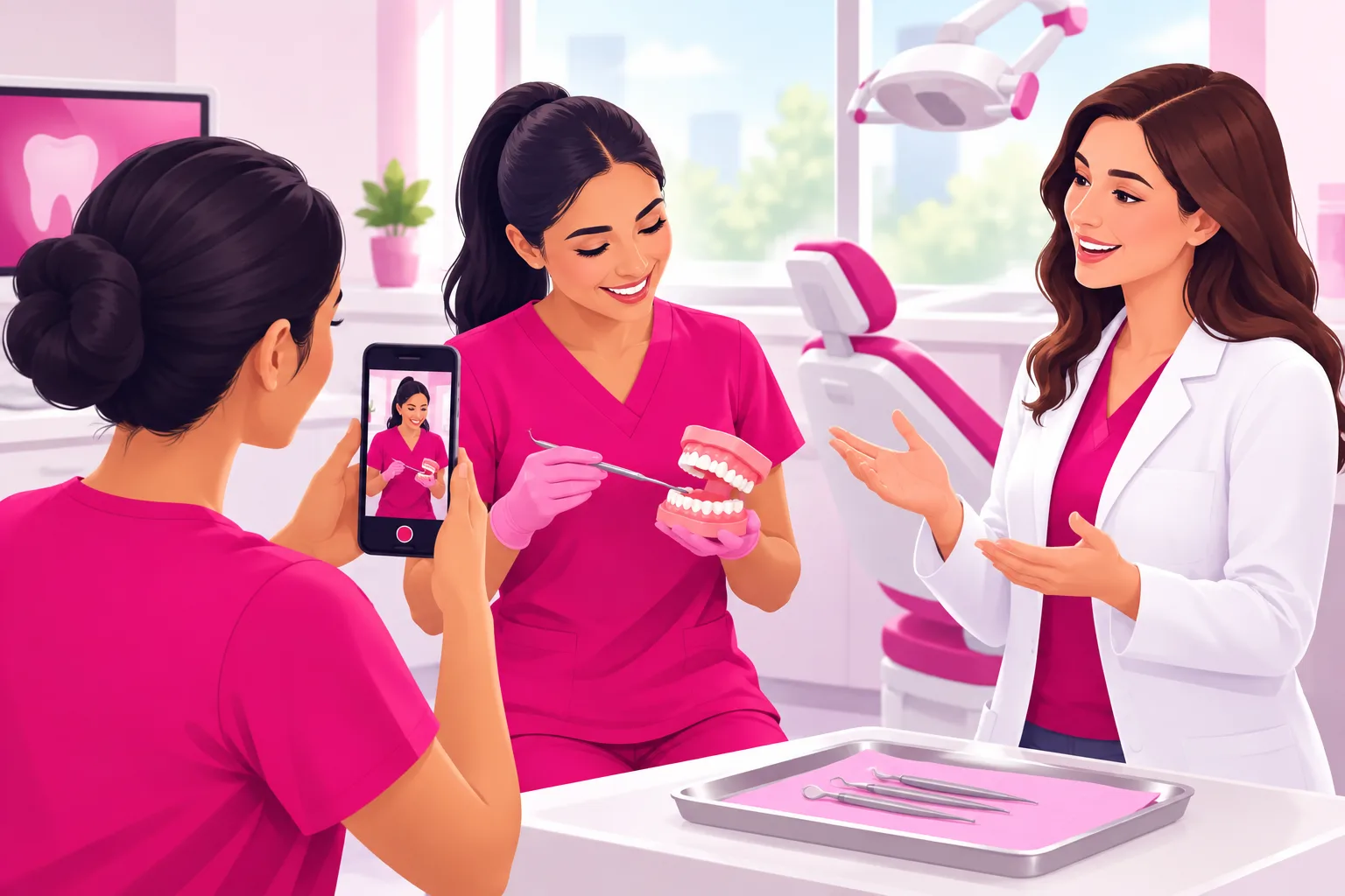 An illustration of a three-person dental team filming a short video: a hygienist in scrubs demonstrating on a model set of teeth with a scaler, an assistant holding a smartphone vertically to record, and a dentist in a white coat explaining, all in a bright operatory