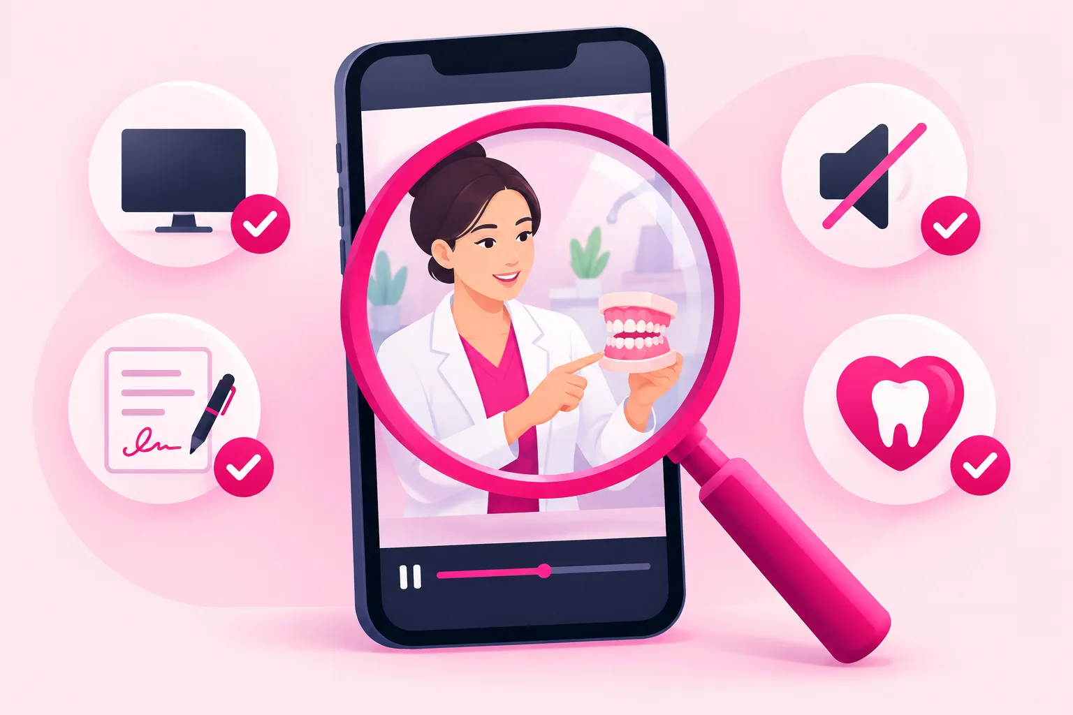 An illustration of a phone screen paused mid-video showing a dentist beside a model set of teeth, with a magnifying glass sweeping the frame and pink checkmarks beside icons of a turned-off monitor, a signed form, a muted speaker, and a tooth inside a heart