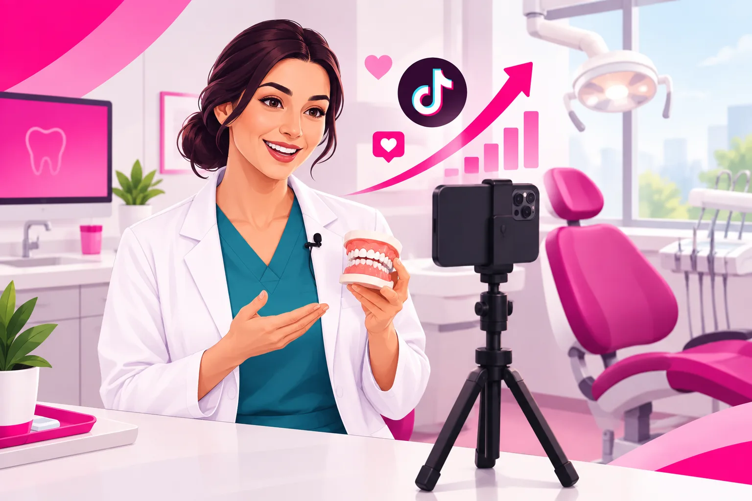 An illustration of a friendly dentist in teal scrubs and a white coat in a bright modern operatory, holding up a plastic model set of teeth while speaking to a smartphone on a small tripod, a clip-on microphone on the collar and the empty dental chair behind her
