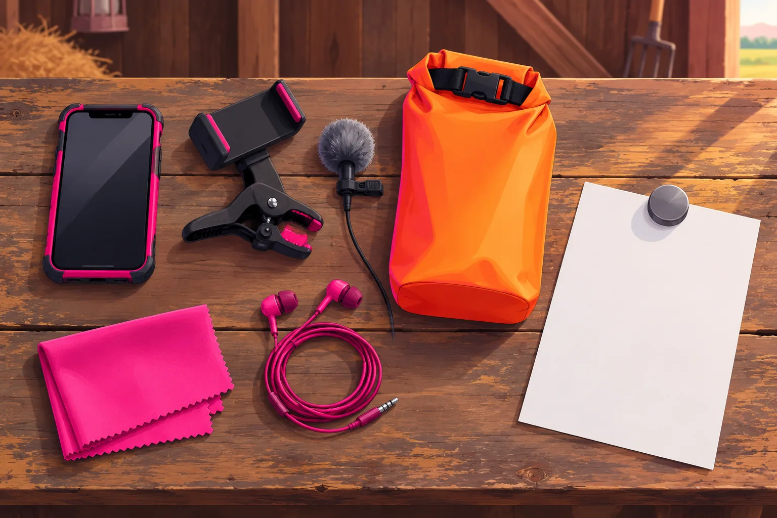 An illustration of a small farm filming kit laid out on a weathered wooden workbench inside a barn: a smartphone in a rugged case, a spring-clamp phone mount, a clip-on lavalier microphone with a furry gray windscreen, an orange roll-top dry bag, a microfiber cloth, wired earbuds, and a blank sheet of paper under a magnet