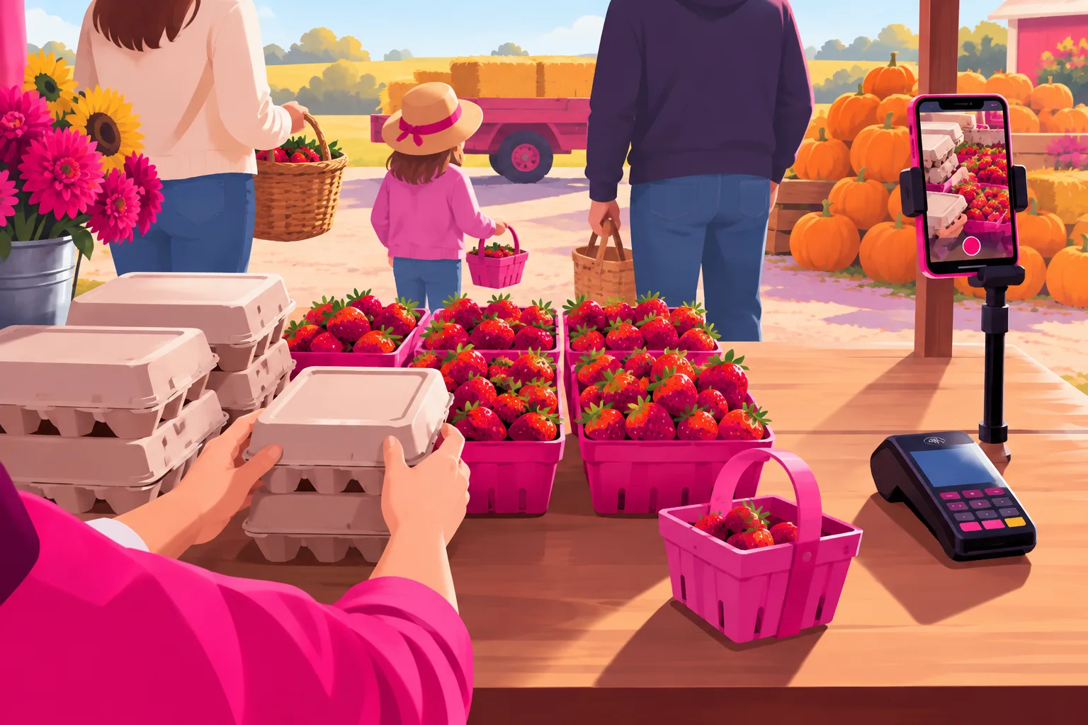 An illustration of a Saturday roadside farm stand seen from behind the table: a woman's hands arranging egg cartons and flats of strawberries, customers shown only as backs, hands, and baskets at a distance, a small child-sized basket, a card reader on the table, and a hay wagon and pumpkins in the background, with a smartphone on a clamp mount aimed at the produce