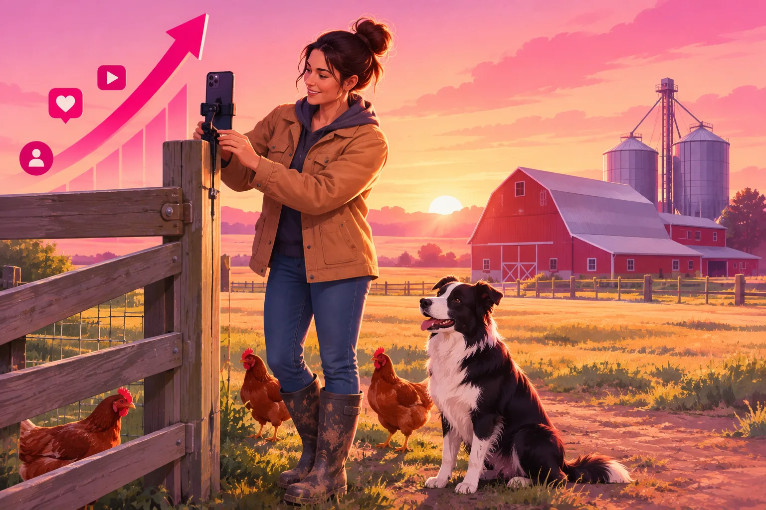 An illustration of a woman in a canvas work jacket and muddy boots at a wooden farm gate at sunrise, clamping a smartphone to a fence post, with a red barn and a grain elevator in the distance, brown hens around her boots, and a border collie sitting beside her