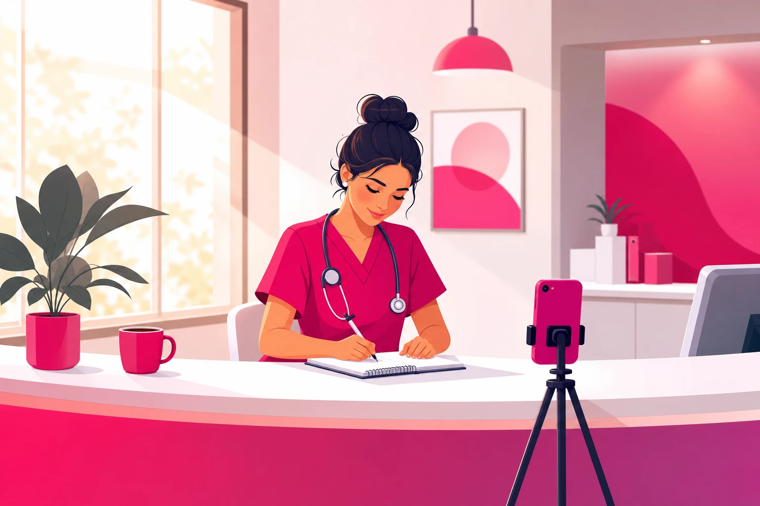 An illustration of a healthcare provider in pink scrubs with a stethoscope writing patient questions in a notebook at a bright reception desk, with a smartphone mounted on a small tripod beside her, a coffee cup, and morning light coming through the window