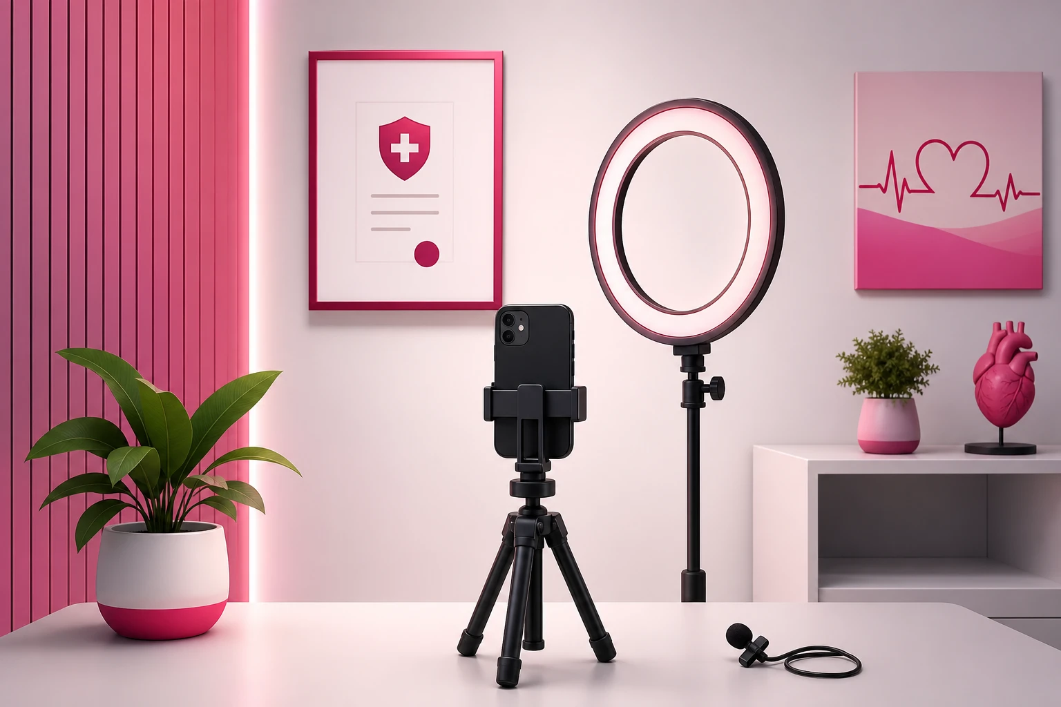 An illustration of a permanent filming corner in a medical office: a smartphone on a small tripod facing a ring light, a lavalier microphone on the counter, a plant, a framed certificate and heartbeat artwork on the wall, and an anatomical heart model on the shelf