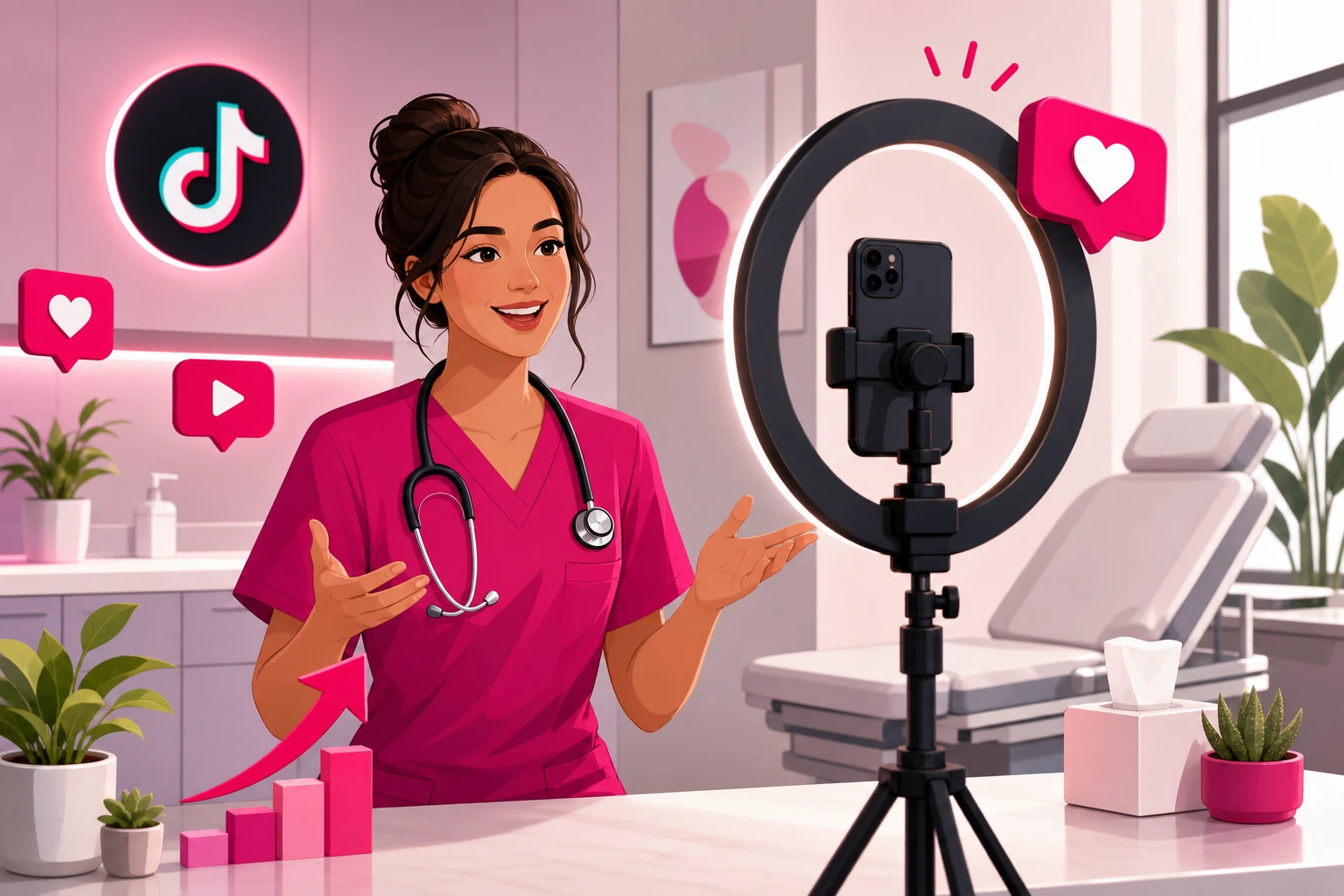 An illustration of a smiling healthcare provider in bright pink scrubs with a stethoscope recording a video in a clinic room, speaking to a smartphone mounted inside a ring light on a tripod, with an exam chair, plants, and floating heart and play icons in the background