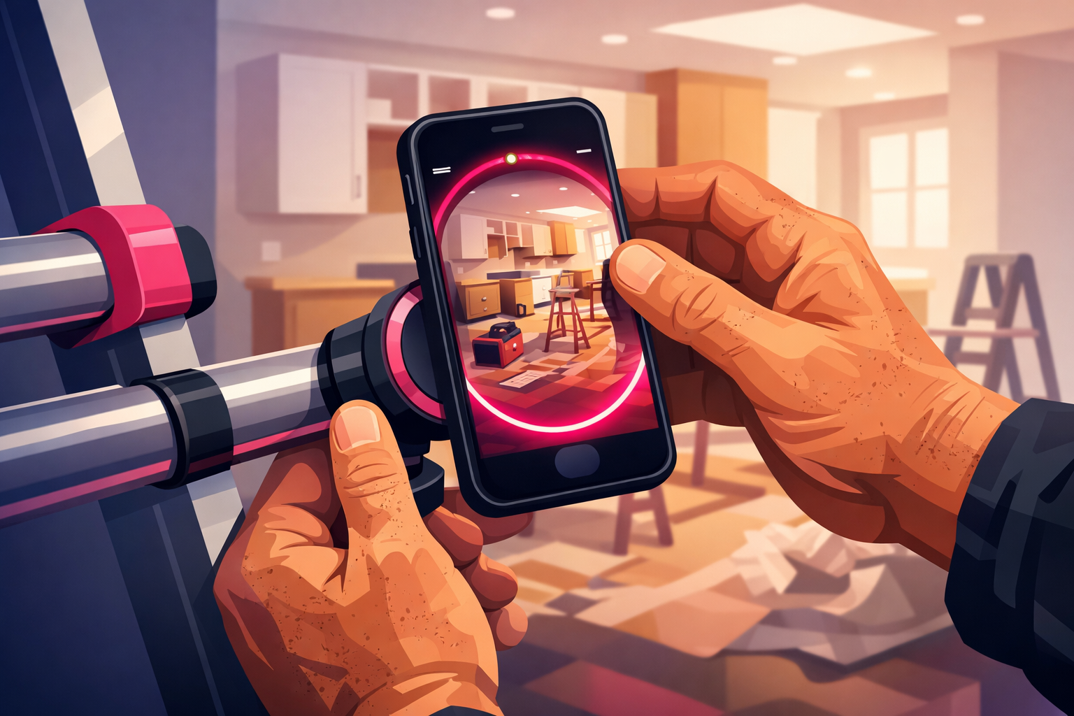 A tradesperson's hands clamping a smartphone into a mount on a ladder rail to record a timelapse overlooking an unfinished kitchen renovation