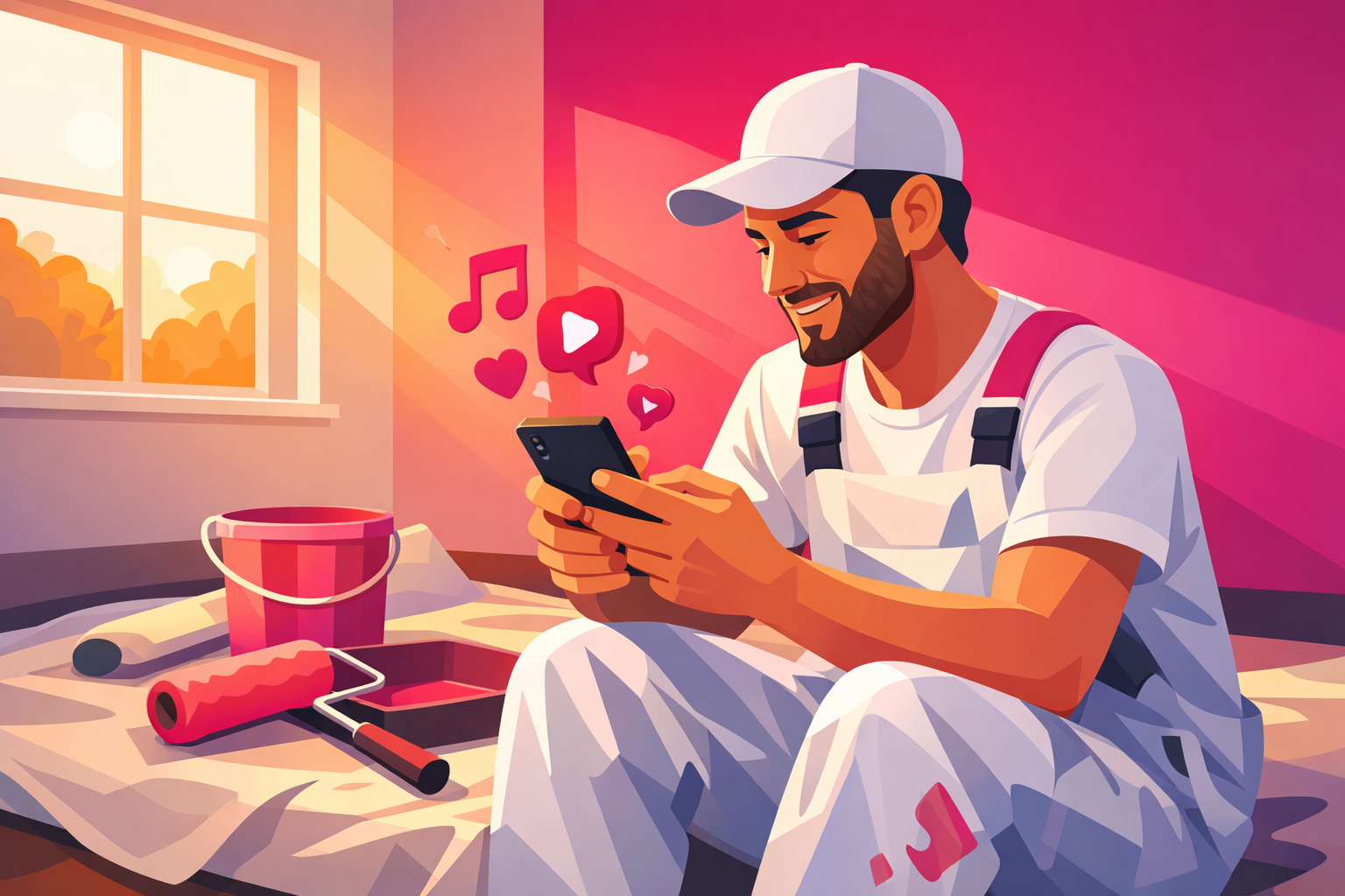 A painter reviewing video footage on a smartphone during a break on a job site, with a freshly painted accent wall and drop cloths in the background