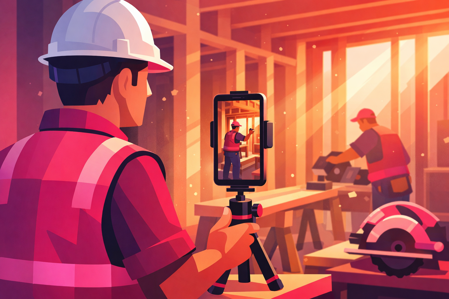 A contractor in a hard hat filming a home renovation job site with a smartphone mounted on a small tripod, warm light streaming through unfinished framing