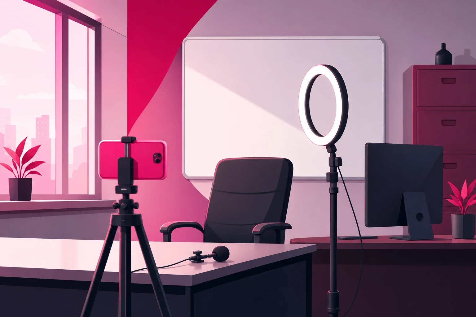 An illustration of a law office filming corner with a smartphone on a tripod facing an empty chair, a window for light, a ring light on a stand, a small microphone on the desk, a blank whiteboard, a closed filing cabinet, and a monitor turned away from the camera
