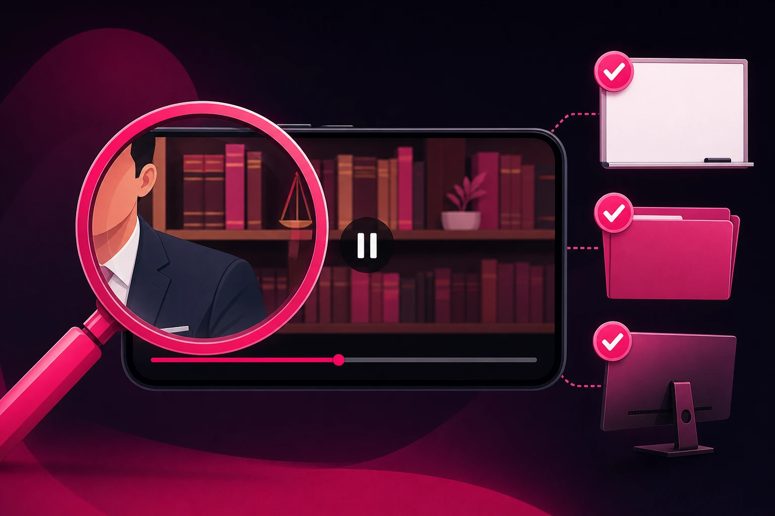 An illustration of a phone screen paused mid-video showing an attorney's shoulder and a bookshelf, with a magnifying glass sweeping over the frame and pink checkmarks beside a blank whiteboard, a closed folder, and a turned-away monitor