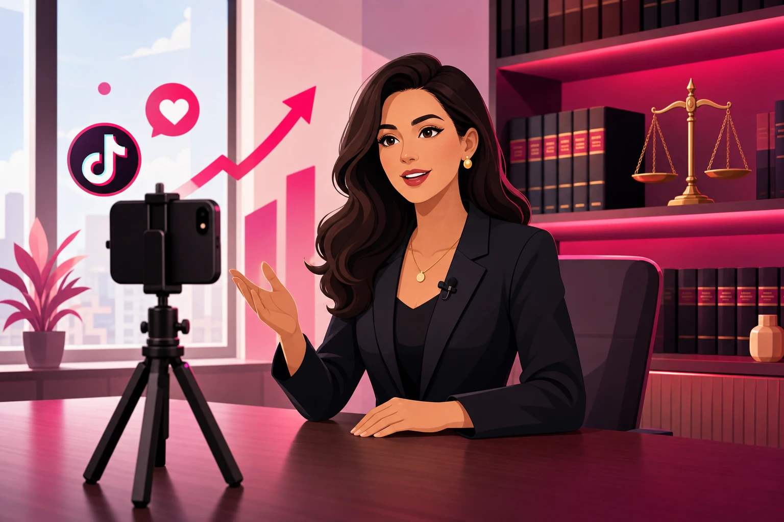 An illustration of an attorney in a dark blazer with a small clip-on microphone speaking to a smartphone on a tripod at a clear law office desk, with a bookshelf of law volumes and a scales-of-justice statuette behind her