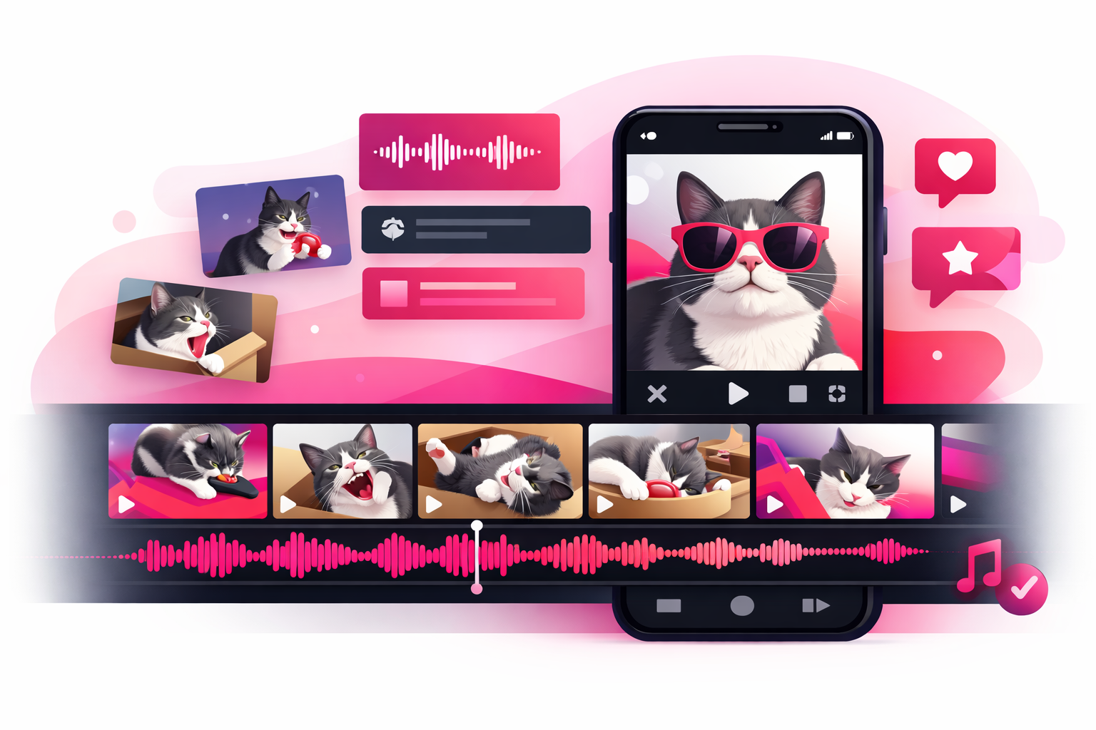 A pet video editing workspace showing a smartphone with TikTok editing tools, film clips of a cat arranged on a timeline, and trending audio waveforms