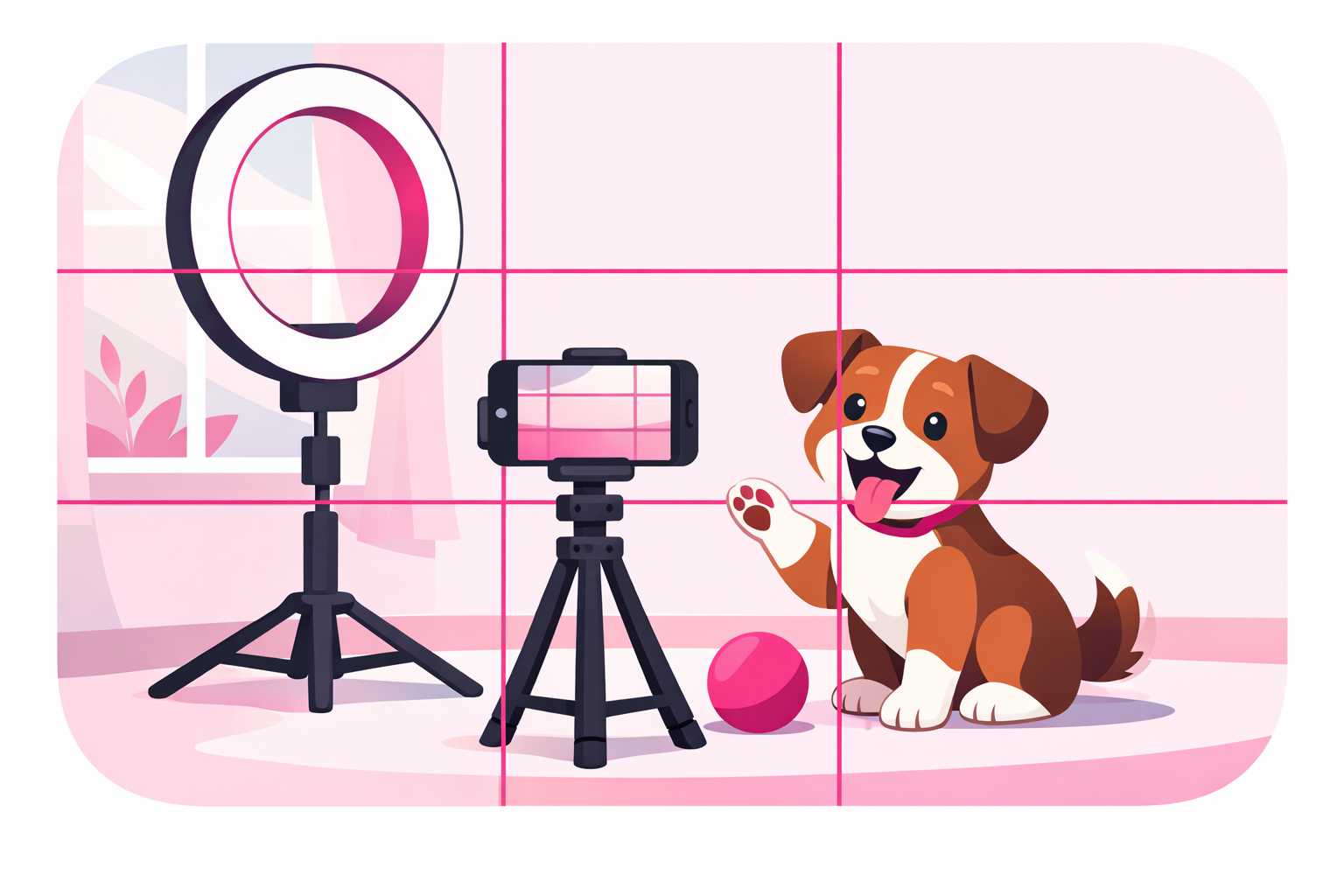 A pet filming setup showing natural window lighting, a ring light, and a phone mounted on a tripod at pet eye-level with a playful puppy and rule of thirds grid overlay